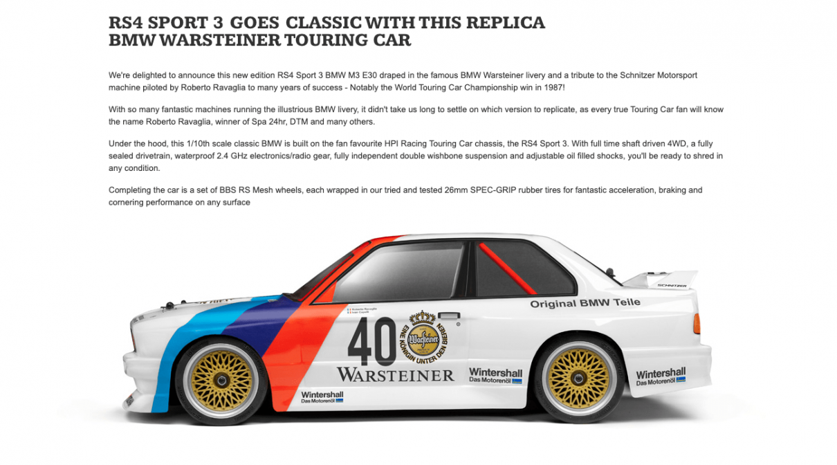 Fjernstyret bil - HPI Racing - RS4 Sport 3 1987 BMW E30 M3 Warsteiner